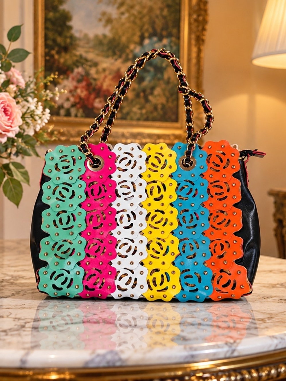 Multi-Color Floral Cutout Shoulder Bag - Black with Bright Stripes
